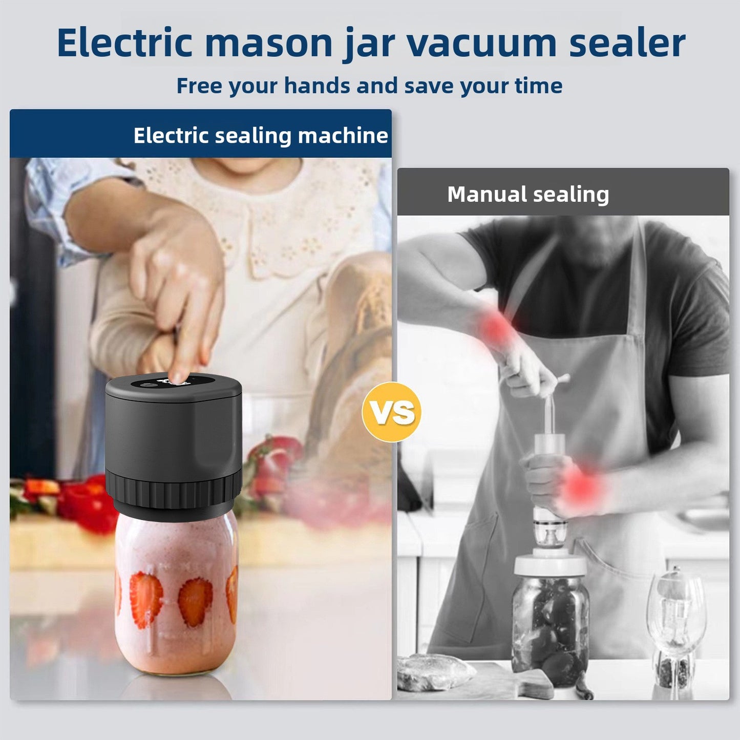 Semi-Automatic Mason Can Sealer - LED Digital Vacuum Sealer, Used for Kitchen Bottles and Cans, Prese