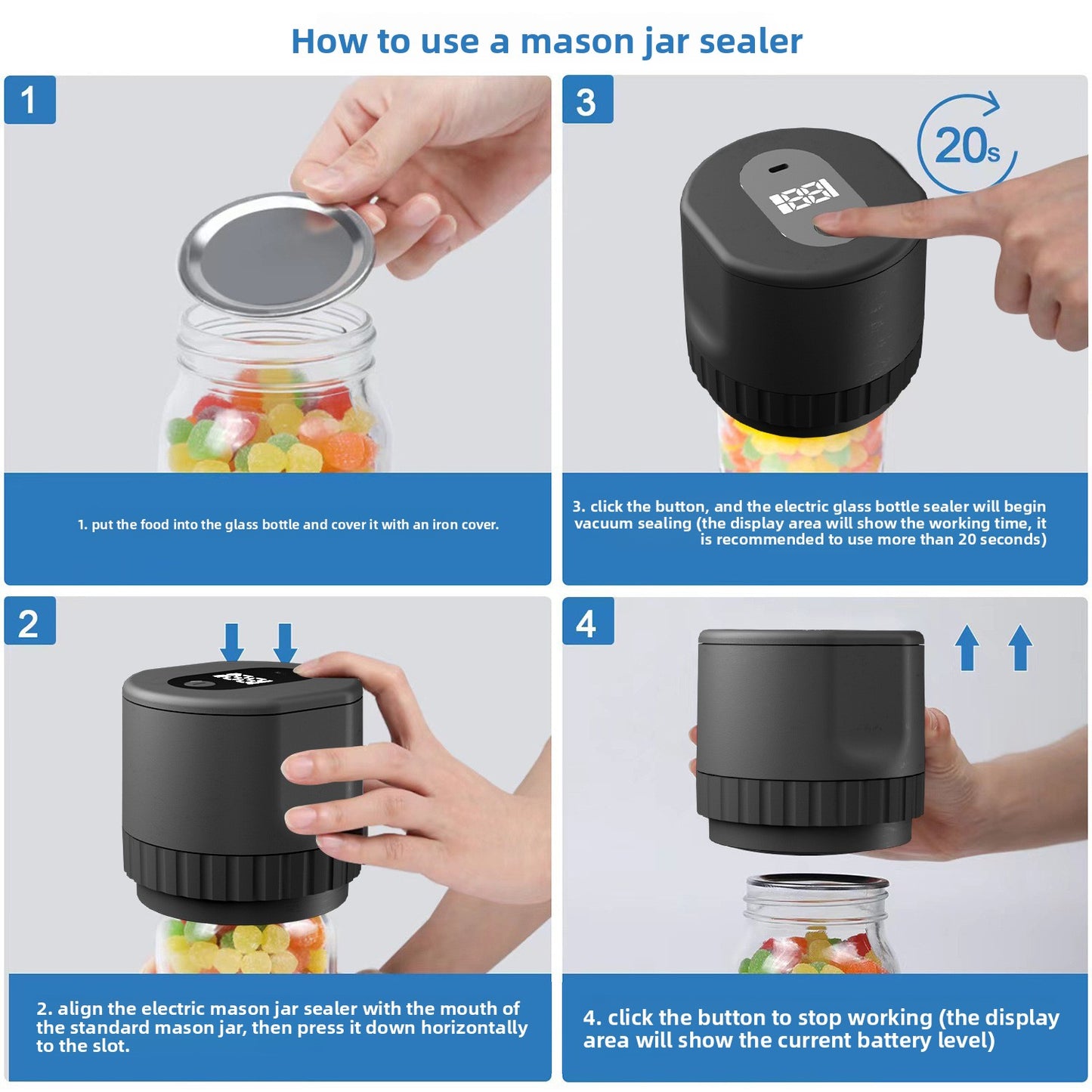 Semi-Automatic Mason Can Sealer - LED Digital Vacuum Sealer, Used for Kitchen Bottles and Cans, Prese